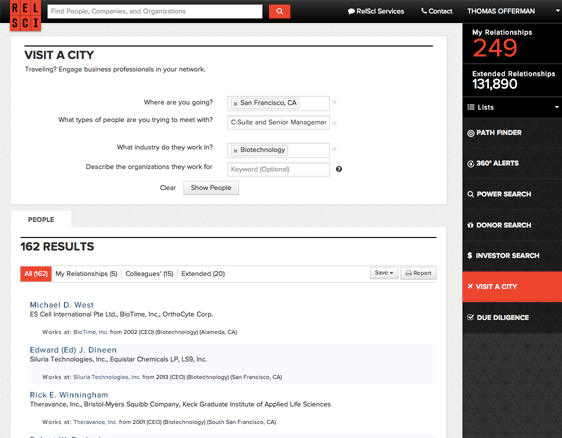 RelSci (Relationship Science) lets you search and connect with top donors, board members, financial advisors, hedge funds and private equity managers